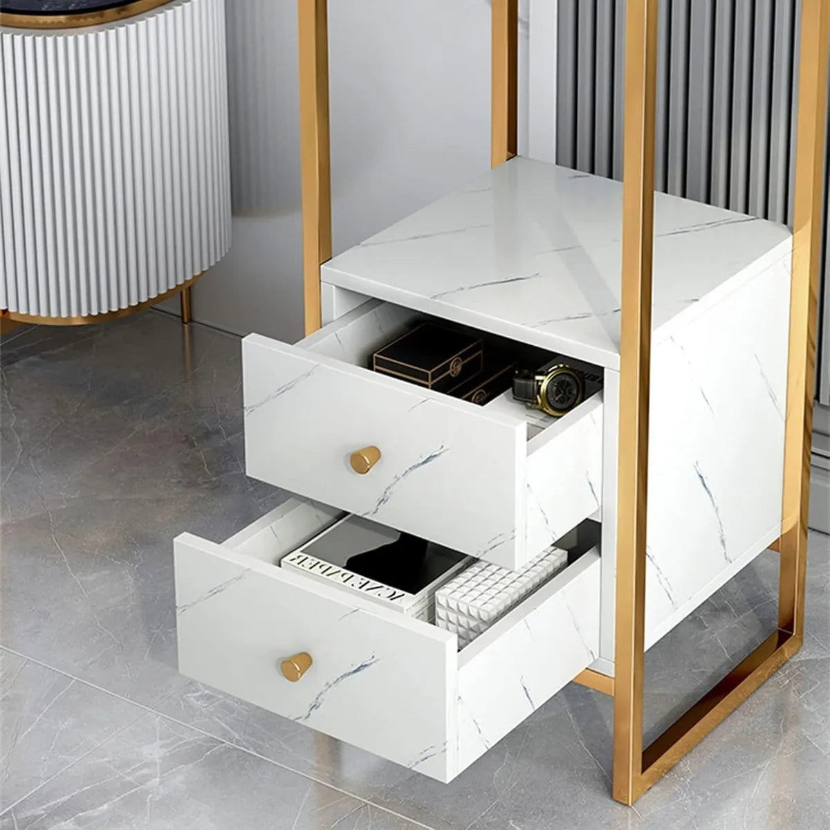 Mesa Auxiliar Multifuncional 2 Niveles Acabado Marmolizado